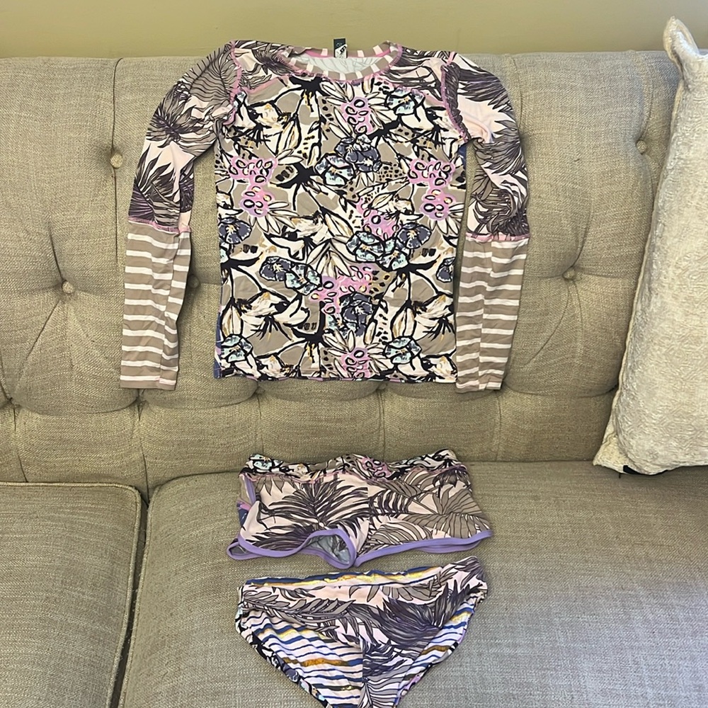 Maaji Girls Floral Palm Rash Guard Set in Beige, Pink & Purple